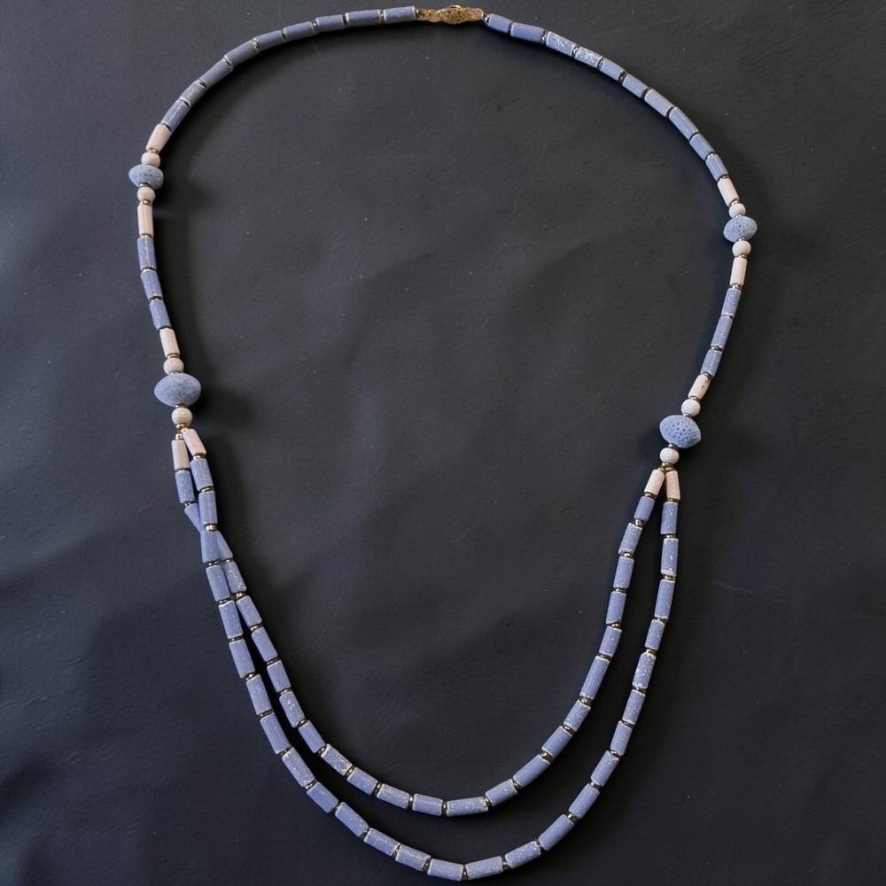 Vintage Artisan Lava Stone & Ceramic Double Strand Necklace